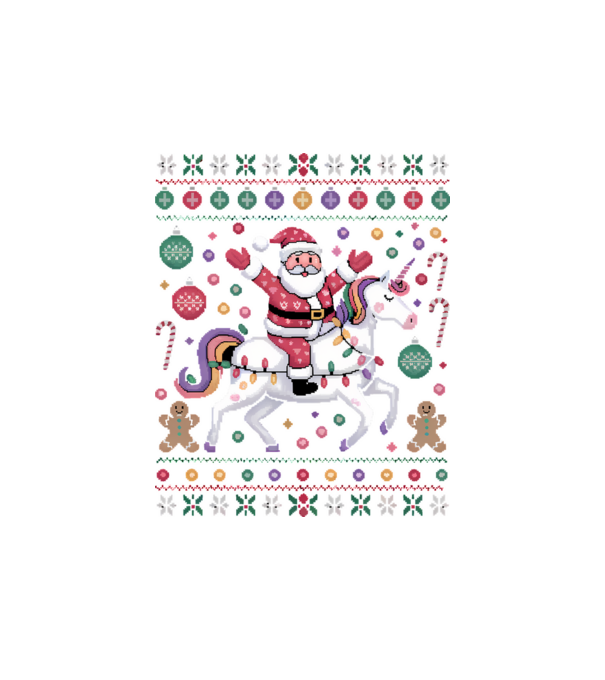 Moș Crăciun pe un pulover urât unicorn model alb pe tricou
