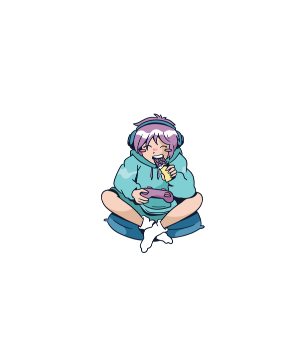 Anime Gamer Fată cu ciocolată model albastru închis pe tricou