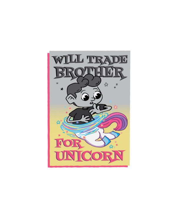 Îl ofer la schimb pe fratele meu pentru un unicorn model alb pe tricou