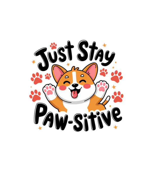 Just Stay Paw-sitive Alb model nisipiu pe tricou