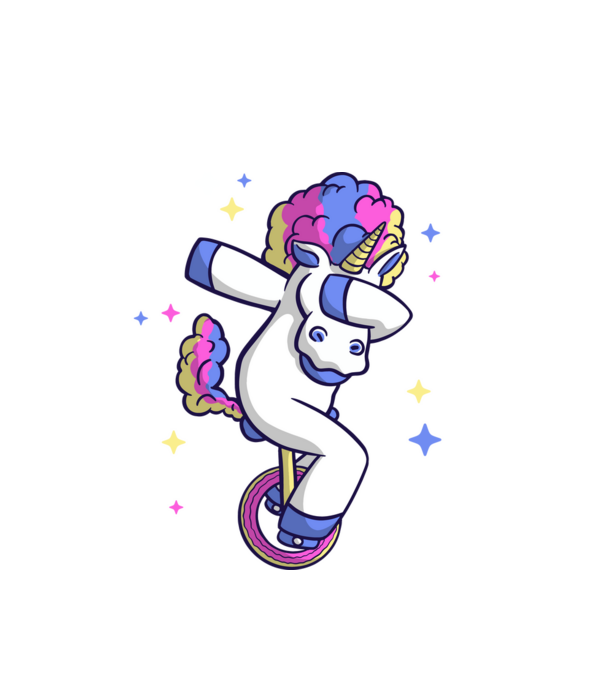 Unicorn pe monociclu model alb pe tricou