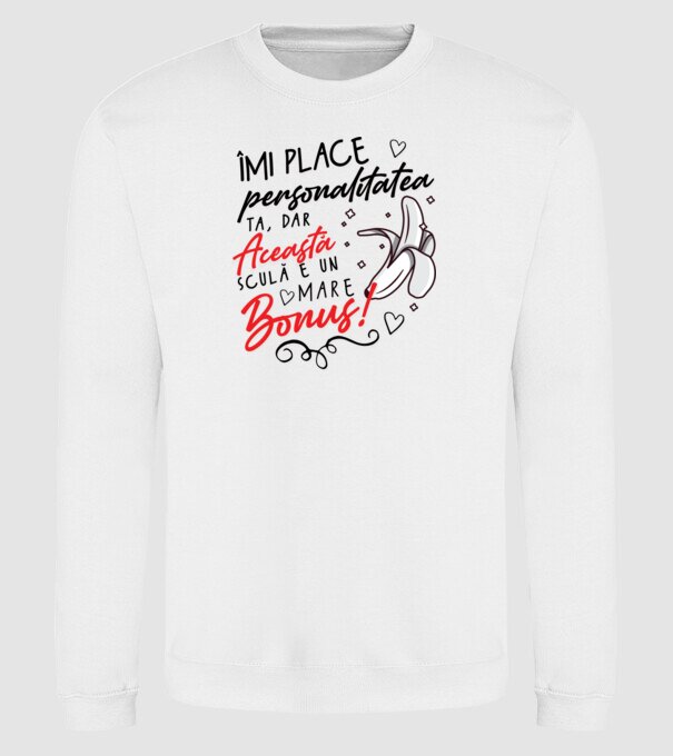 Dar această sculă e un mare bonus! model alb pe tricou