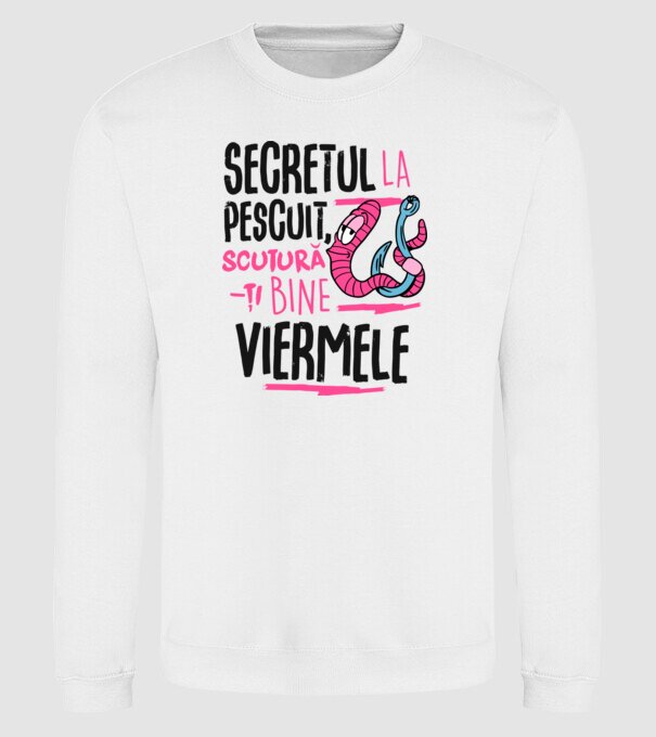 Secretul la pescuit scutură-ți bine viermele model alb pe tricou