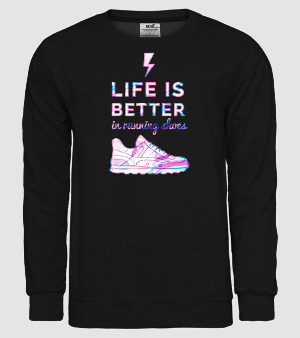 Life is better running shoes HOLO model negru pe tricou