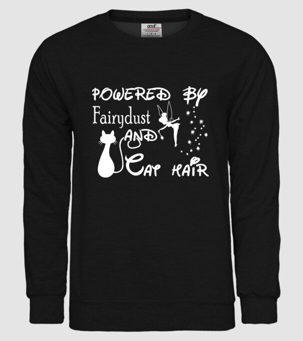 Powered by fairydust and cat hair model negru pe tricou