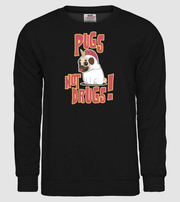 Pugs not drugs model negru pe tricou