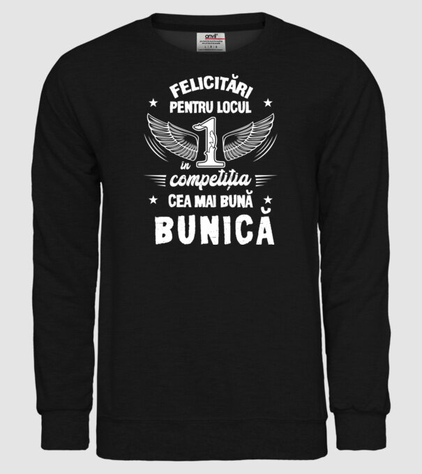 Felicitări pentru locul 1 în competiția Cea mai bună bunică! model negru pe tricou
