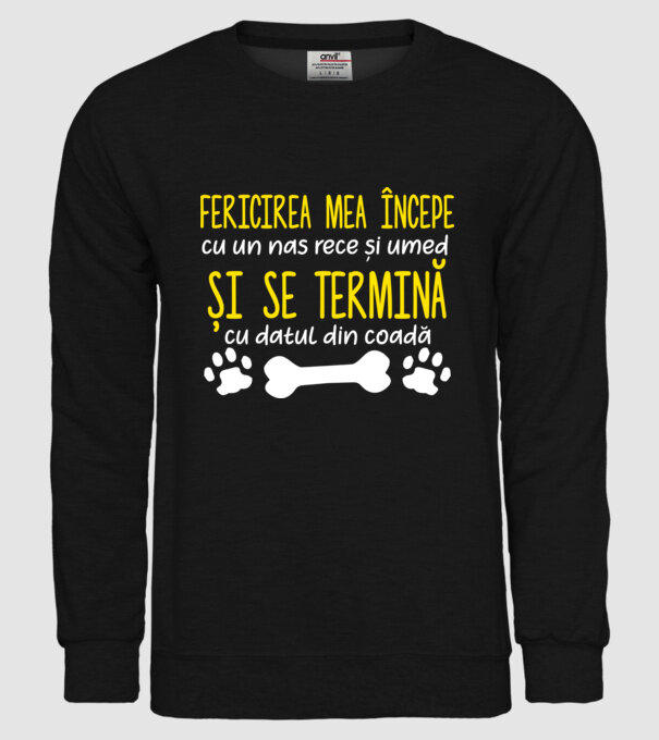 fericirea mea începe cu un nas rece și umed și se termină cu datul din coadă model negru pe tricou