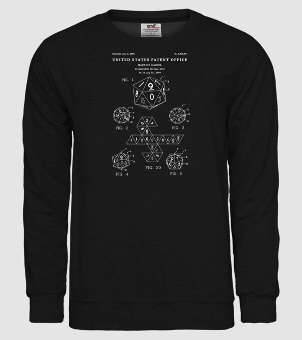 Icosahedron decimal dice patent model negru pe tricou