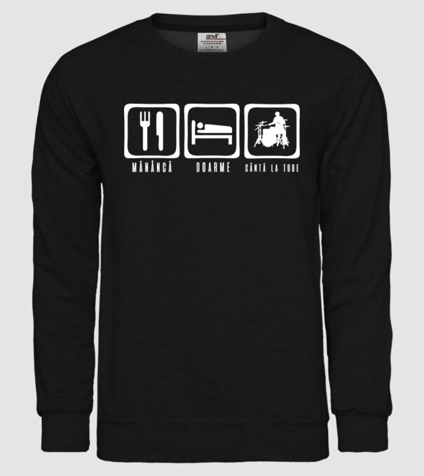 Mănâncă, doarme, cântă la tobe model negru pe tricou