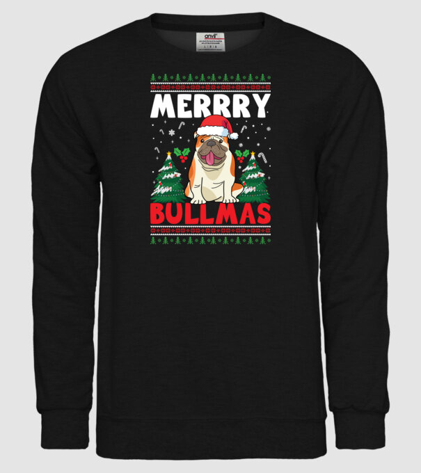 Merry bullmas ugly sweater model negru pe tricou
