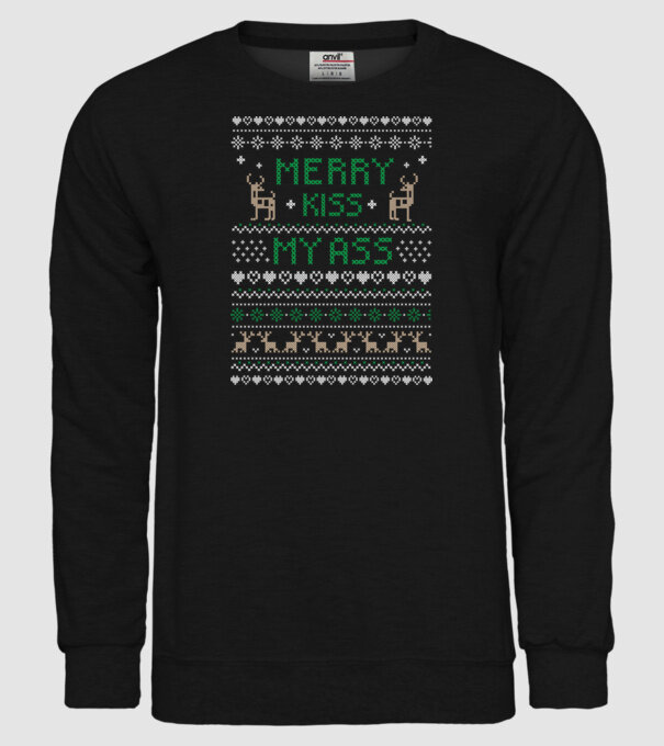Merry kiss my ass ugly sweater model negru pe tricou