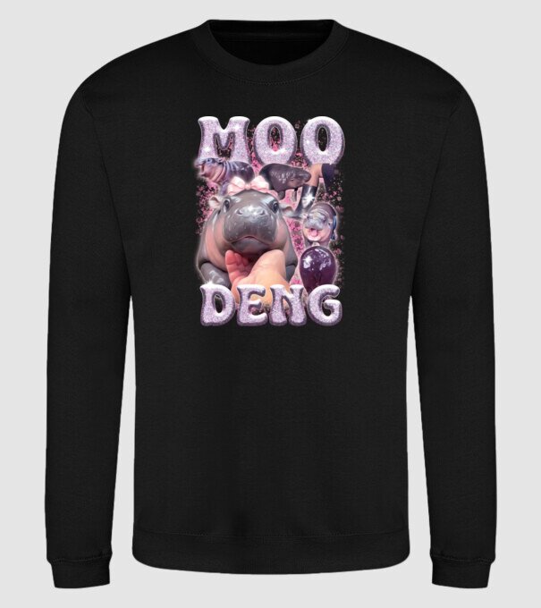 MOO DENG baby hippo model negru pe tricou