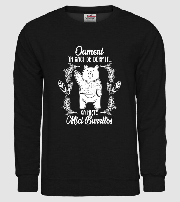 oameni în saci de dormit... ca niște mici burritos model negru pe tricou