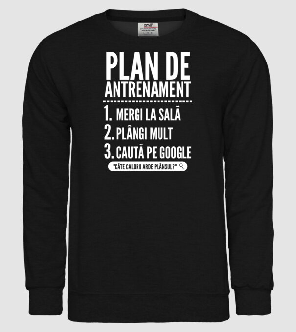 plan de antrenament mergi la sală, plângi mult, caută pe Google x model negru pe tricou