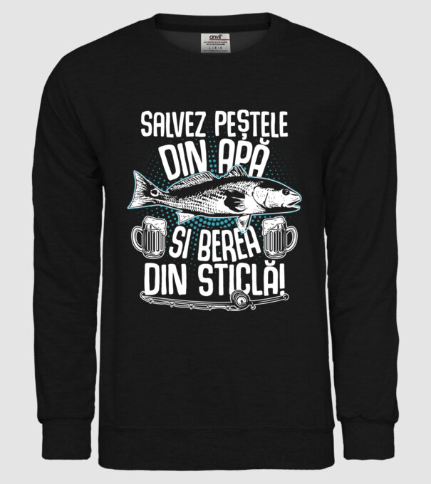 salvez peștele din apă și berea din sticlă model negru pe tricou