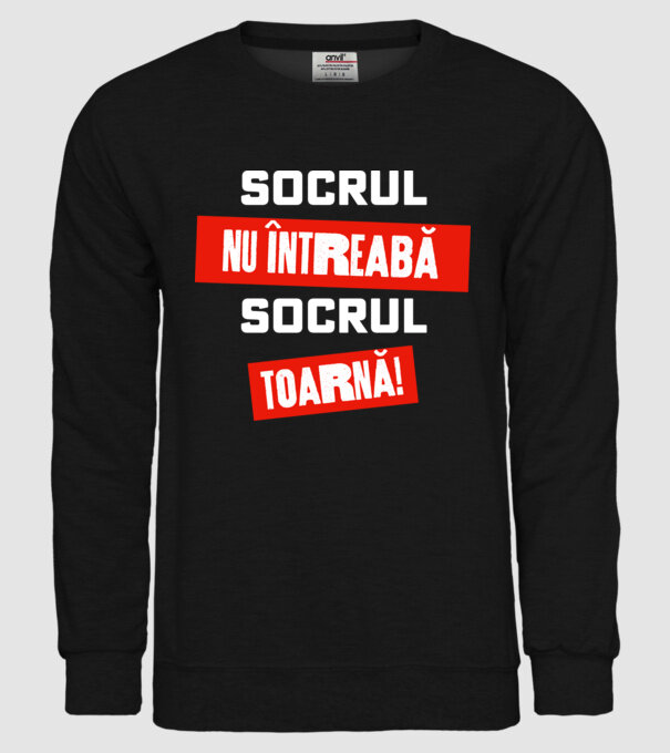 Socrul nu întreabă, socrul toarnă! model negru pe tricou