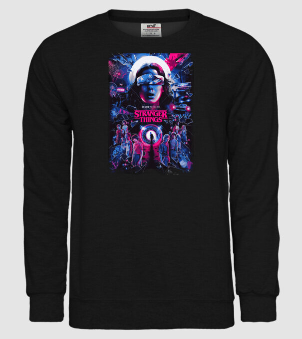 stranger things poster neon model negru pe tricou