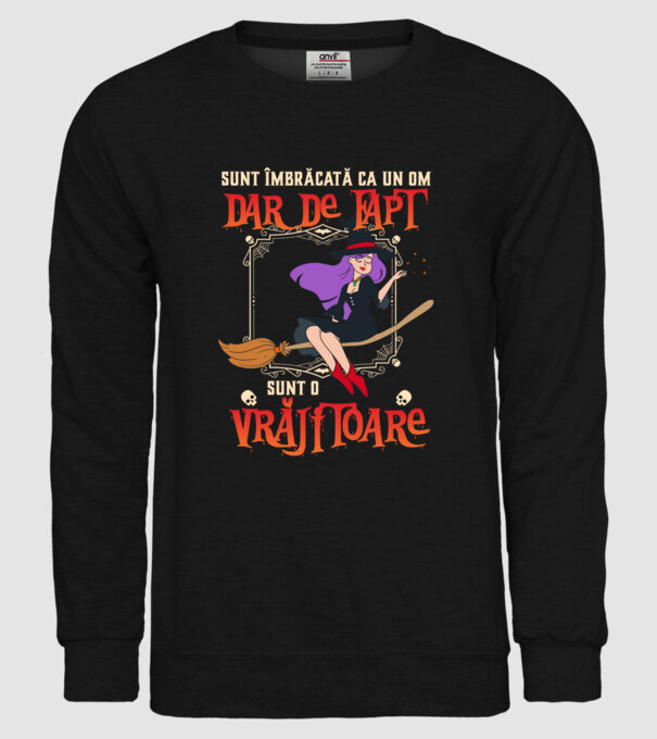 sunt îmbrăcată ca un om, dar de fapt sunt o vrăjitoare model negru pe tricou