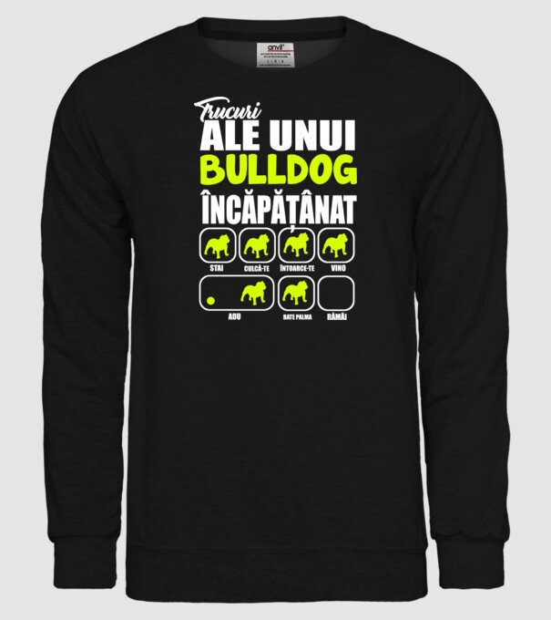 trucuri ale unui bulldog englezesc încăpățânat stai, culcă-te, întoarce-te, vino, adu, bate palma, rămâi model negru pe tricou