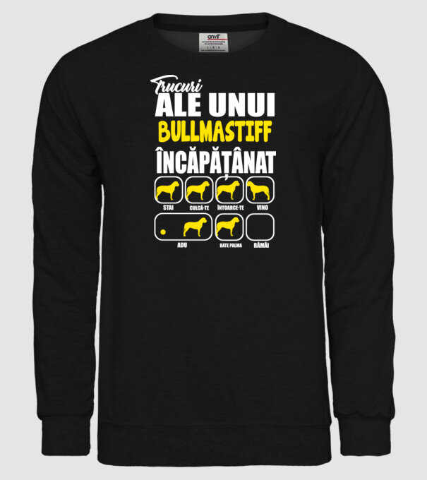 trucuri ale unui bullmastiff încăpățânat stai, culcă-te, întoarce-te, vino, adu, bate palma, rămâi model negru pe tricou