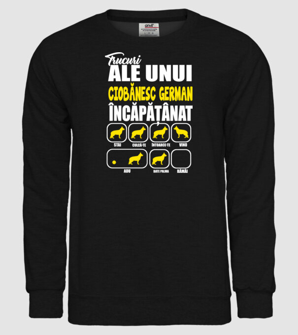 trucuri ale unui ciobănesc german încăpățânat stai, culcă-te, întoarce-te, vino, adu, bate palma, rămâi model negru pe tricou