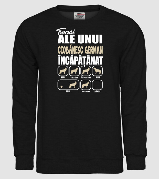 trucuri ale unui ciobănesc german încăpățânat stai, culcă-te, întoarce-te, vino, adu, bate palma, rămâi model negru pe tricou