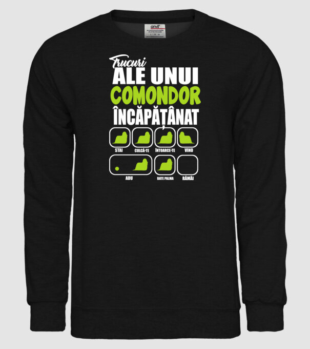 trucuri ale unui comondor încăpățânat stai, culcă-te, întoarce-te, vino, adu, bate palma, rămâi model negru pe tricou