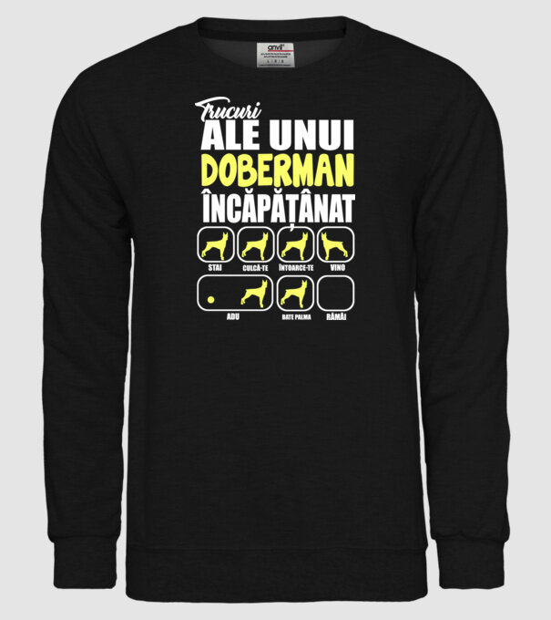trucuri ale unui doberman încăpățânat stai, culcă-te, întoarce-te, vino, adu, bate palma, rămâi model negru pe tricou