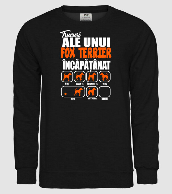 trucuri ale unui fox terrier încăpățânat stai, culcă-te, întoarce-te, vino, adu, bate palma, rămâi model negru pe tricou