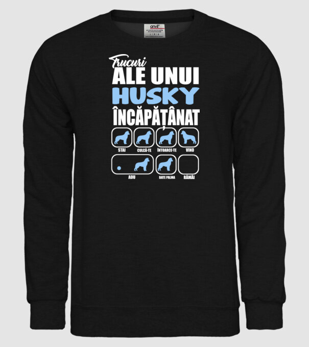 trucuri ale unui husky încăpățânat stai, culcă-te, întoarce-te, vino, adu, bate palma, rămâi model negru pe tricou