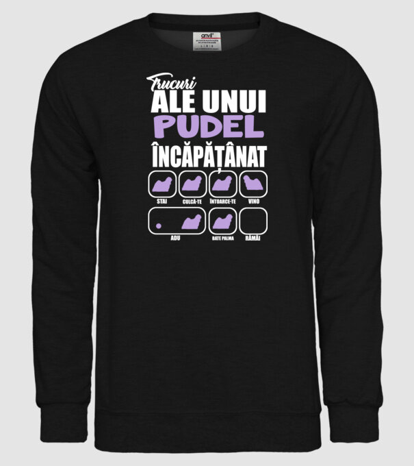 trucuri ale unui pudel încăpățânat stai, culcă-te, întoarce-te, vino, adu, bate palma, rămâi model negru pe tricou