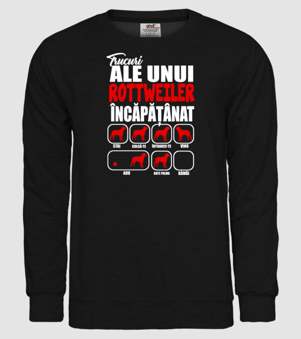 Trucuri ale unui rottweiler încăpățânat stai, culcă-te, întoarce-te, vino, adu, bate palma, rămâi model negru pe tricou