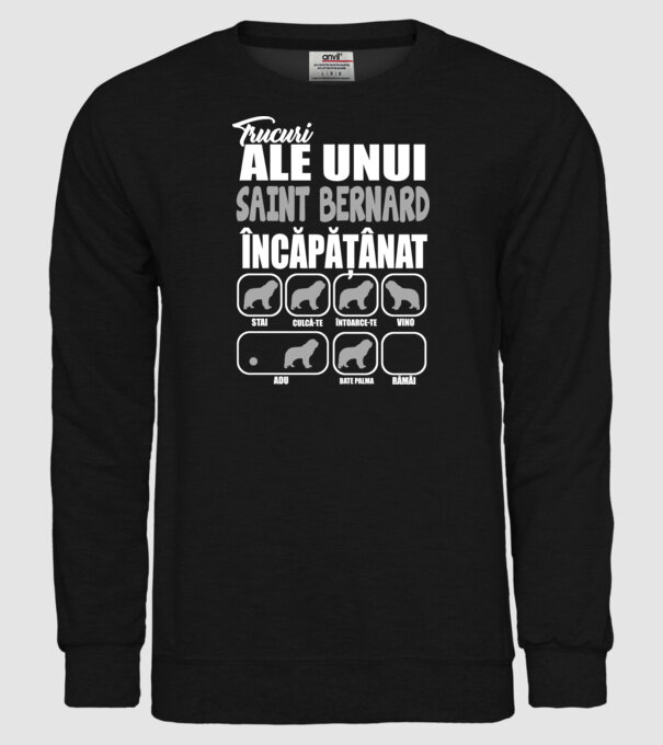 trucuri ale unui Saint Bernard încăpățânat stai, culcă-te, întoarce-te, vino, adu, bate palma, rămâi model negru pe tricou