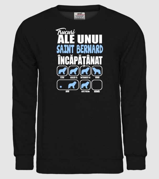 trucuri ale unui Saint Bernard încăpățânat stai, culcă-te, întoarce-te, vino, adu, bate palma, rămâi model negru pe tricou