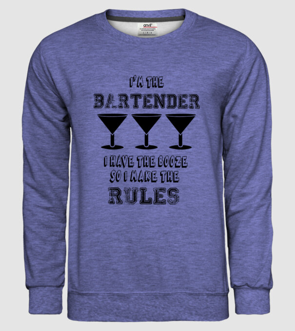 'I''m the bartender, I have the booze so I make the rules' model albastru jeanși pe tricou