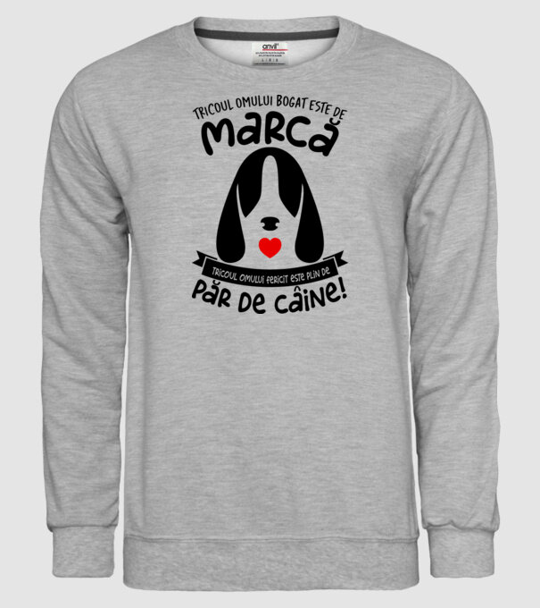 tricoul omului bogat este de marcă, tricoul omului fericit este plin de păr de câine model gri pe tricou