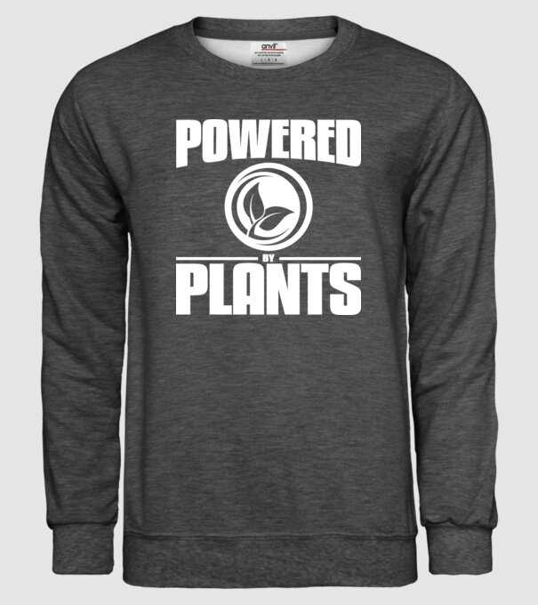 powered_by_plants model gri închis pe tricou