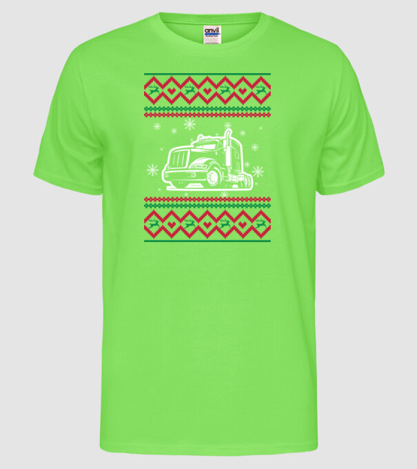 Model tricotat de Crăciun - camion model verde neon pe tricou