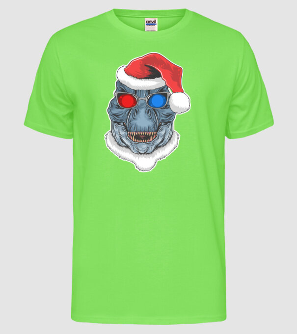Santasaurus Rex model verde neon pe tricou