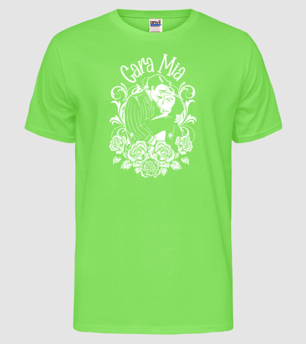 Addams family couple shirt Morticia and Gomez Cara Mia model verde neon pe tricou