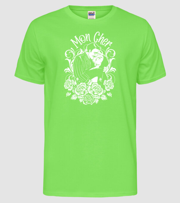 Addams family couple shirt Morticia and Gomez Mon cher model verde neon pe tricou