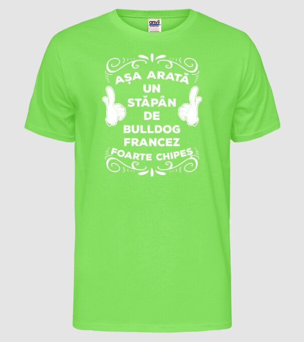 Așa arată un stăpân de Bulldog francez foarte chipeș model verde neon pe tricou