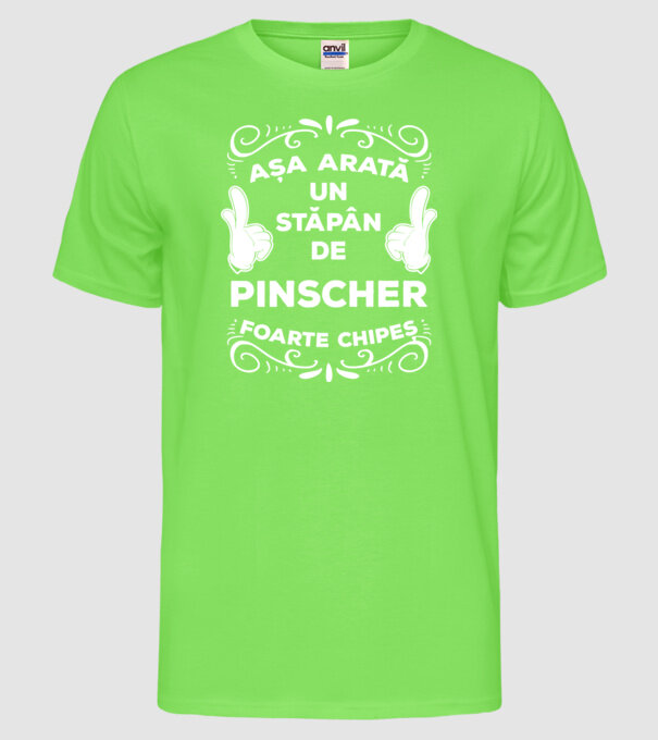Așa arată un stăpân de Pinscher foarte chipeș model verde neon pe tricou