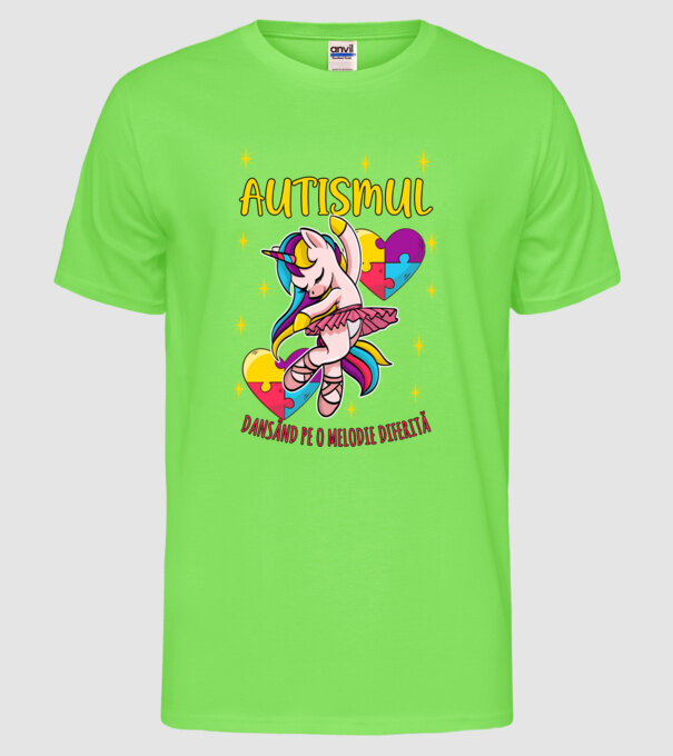 Autismul, dansând pe o melodie diferită model verde neon pe tricou
