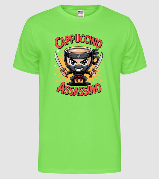 Cappuccino Assasino model verde neon pe tricou