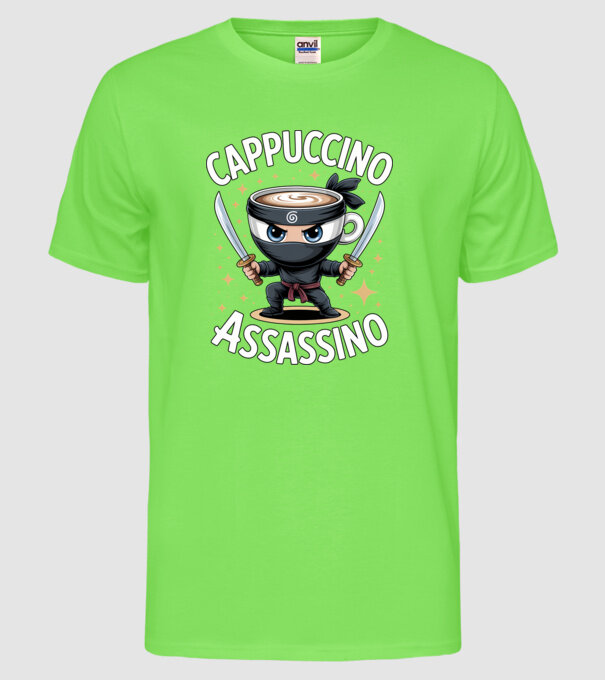 Cappuccino Assassino model verde neon pe tricou