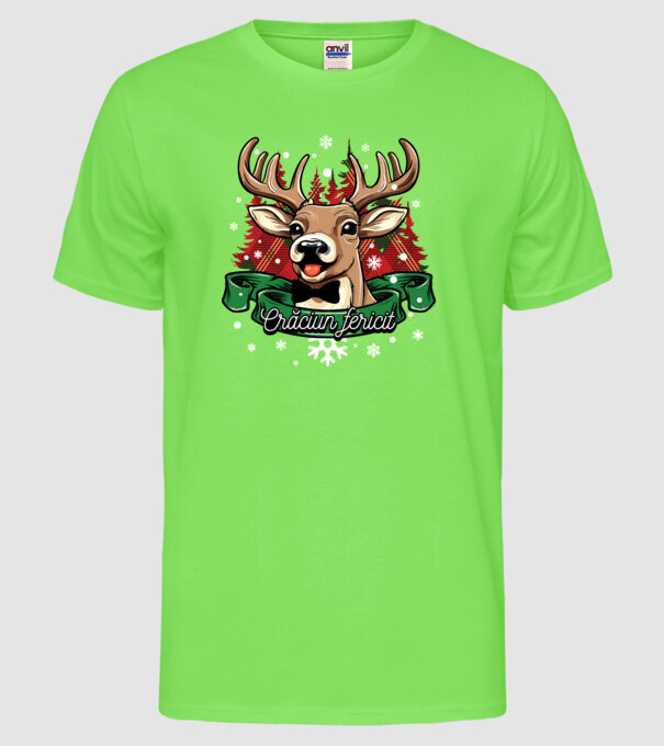 Cerb de Crăciun model verde neon pe tricou