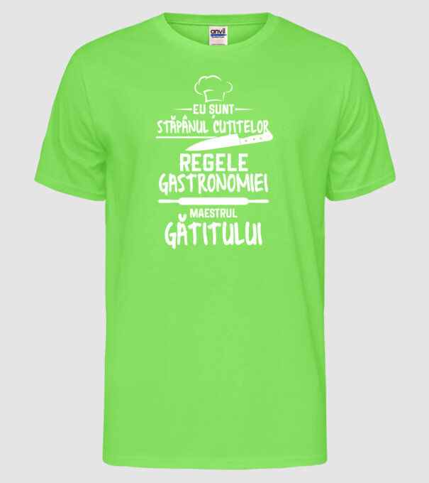 eu sunt stăpânul cuțitelor, regele gastronomiei, maestrul gătitului model verde neon pe tricou