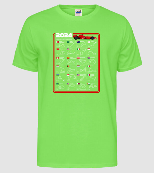 F1 calendar 2024 model verde neon pe tricou
